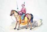 Watercolour with pen and ink of a Manipuri horseman (Kathe). The horseman in this portrait came from Manipur in the northeast of India and was known by the Burmese as Kathé. In 1826, Manipur became a state within the British Raj. <br/><br/>Colesworthy Grant was unimpressed with the Burmese cavalry. He wrote that 'If the Infantry of the Burmese army disappointed expectation, the mounted portion yet more...for although there were many beautifully formed, powerful, and spirited [horses], very many more were of sorry appearance, as though of inferior blood, or badly fed. The men, believed to be principally or exclusively Munnipooreans, were strong enough looking, but miserably set off by their dress and equipments. Their clothes were of the same coarse quality as those of the foot soldiers, and their arms consisted of a short spear, and the customary sword slung at their backs'.